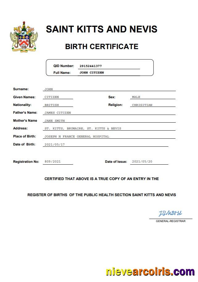 Saint Kitts and Nevis vital record birth certificate